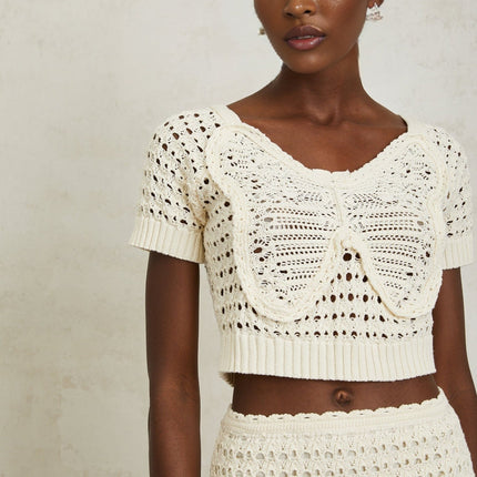 Bérénice Cream White Bowknot Knit Top