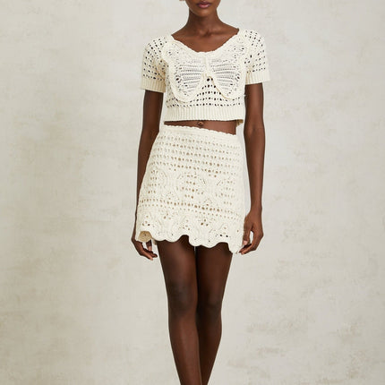 Bérénice Cream White Crochet Knit Mini Skirt