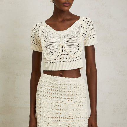Bérénice Cream White Crochet Knit Mini Skirt