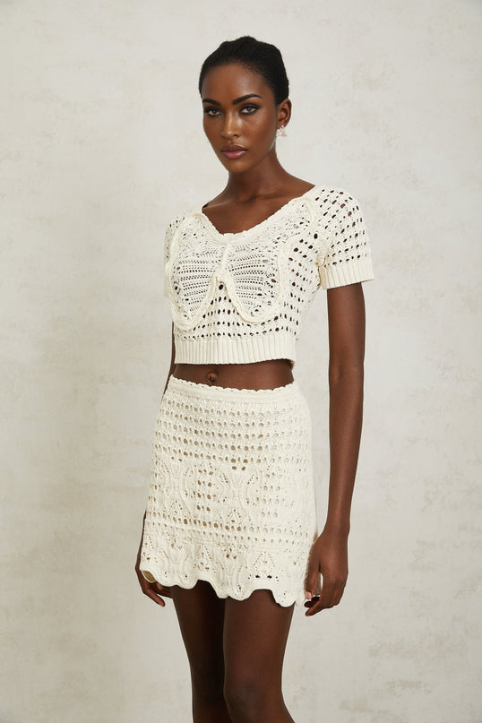Bérénice Cream White Crochet Knit Mini Skirt