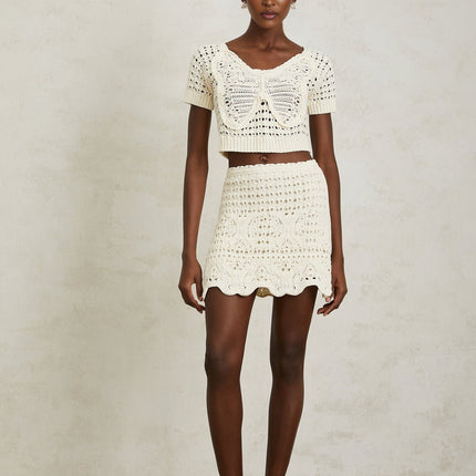 Bérénice Cream White Crochet Knit Mini Skirt