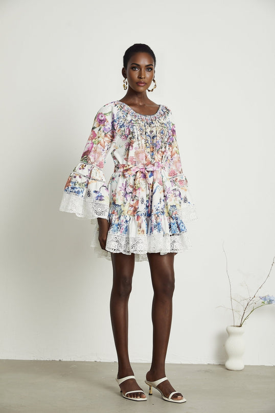 Bérénice floralprint lace trim mini dress