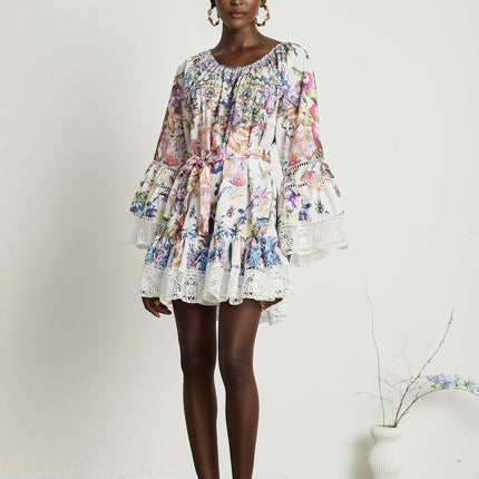 Bérénice floralprint lace trim mini dress