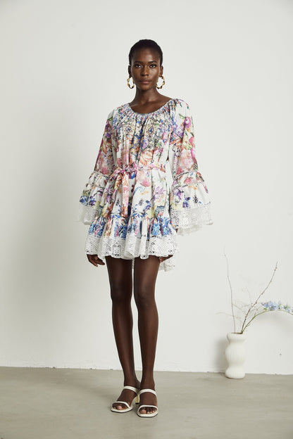 Bérénice floralprint lace trim mini dress