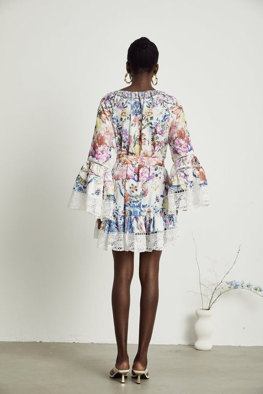 Bérénice floralprint lace trim mini dress