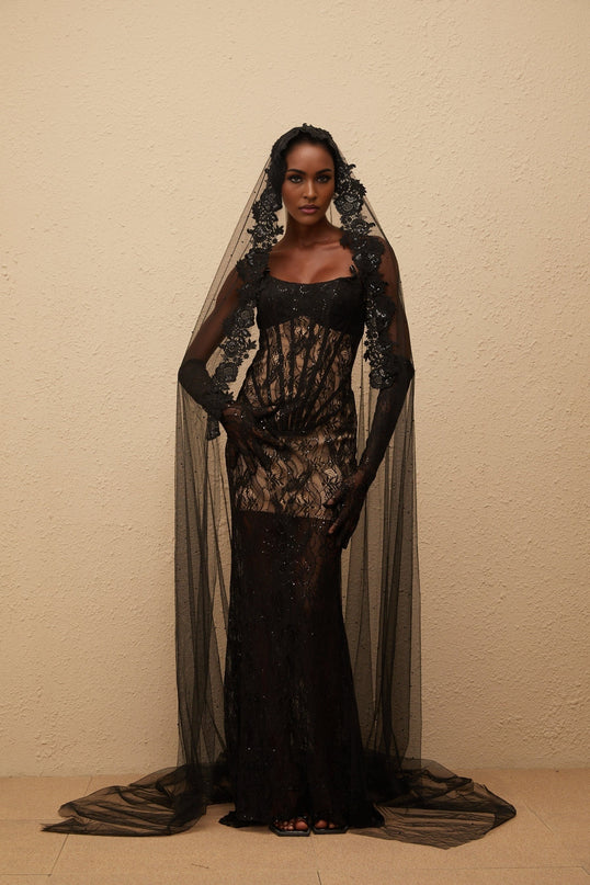 Bertille Black Floral Lace Corset Maxi Dress