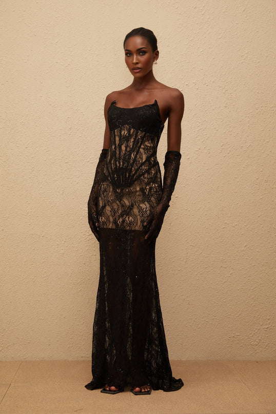 Bertille Black Floral Lace Corset Maxi Dress