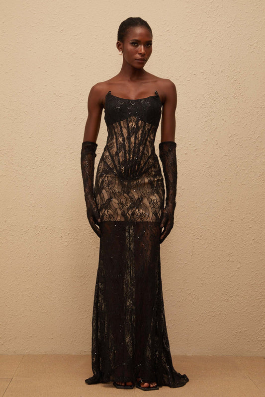 Bertille Black Floral Lace Corset Maxi Dress