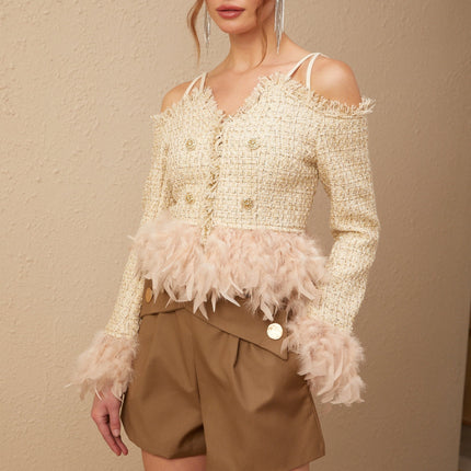Bettina Neutrals Tweed Top with Feather Trim and Metallic Threading