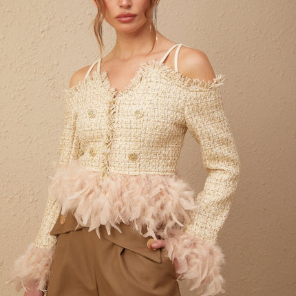 Bettina Tweed Top in Neutrals with Feather Trim and Metallic Threading