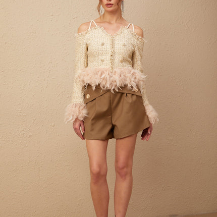 Bettina Tweed Top in Neutrals with Feather Trim and Metallic Threading
