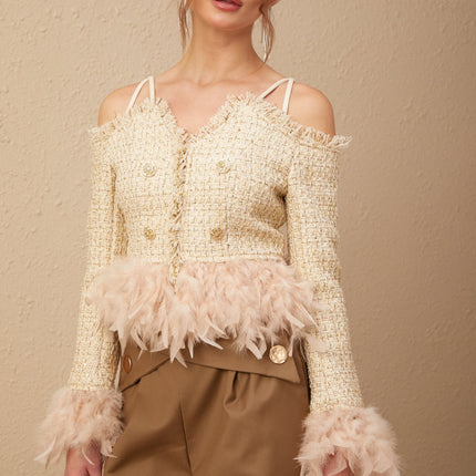 Bettina Tweed Top in Neutrals with Feather Trim and Metallic Threading