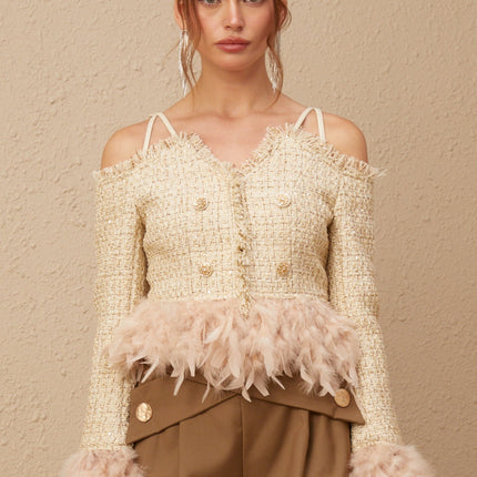 Bettina Tweed Top in Neutrals with Feather Trim and Metallic Threading