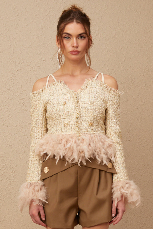 Bettina Tweed Top in Neutrals with Feather Trim and Metallic Threading