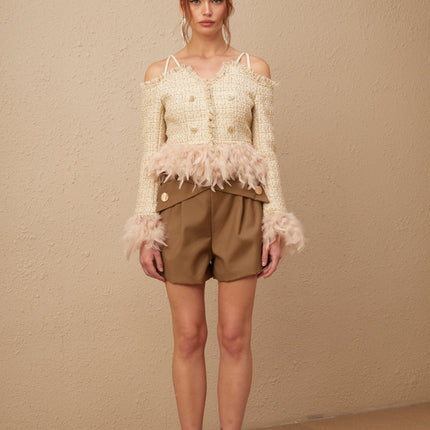Bettina Tweed Top in Neutrals with Feather Trim and Metallic Threading