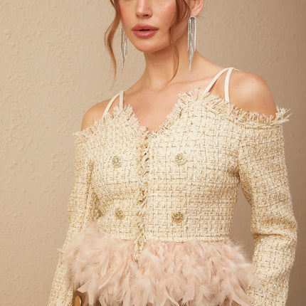 Bettina Tweed Top in Neutrals with Feather Trim and Metallic Threading