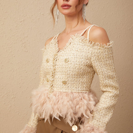 Bettina Tweed Top in Neutrals with Feather Trim and Metallic Threading