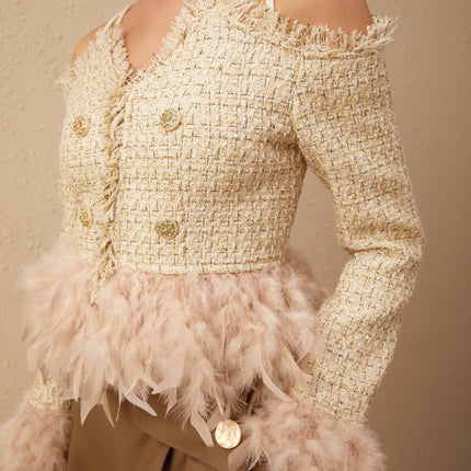 Bettina Tweed Top in Neutrals with Feather Trim and Metallic Threading
