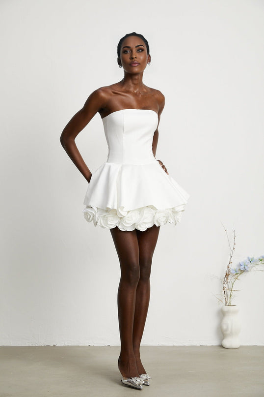 Bettina White Corset Mini Dress 3D Petal Detailing Terylene Spandex