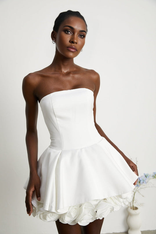 Bettina White Corset Mini Dress 3D Petal Detailing Terylene Spandex Blend