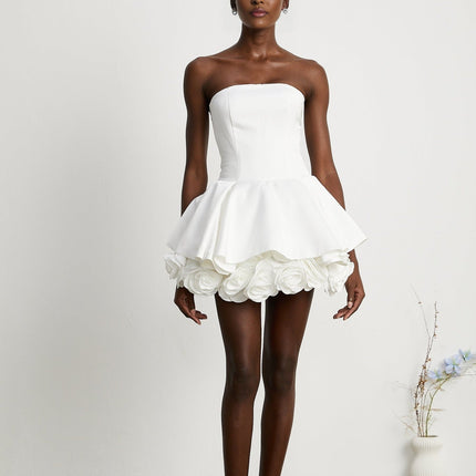 Bettina White Strapless Corset Mini Dress with 3D Petal Detailing