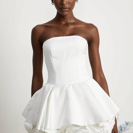 Bettina White Strapless Corset Mini Dress with 3D Petal Detailing