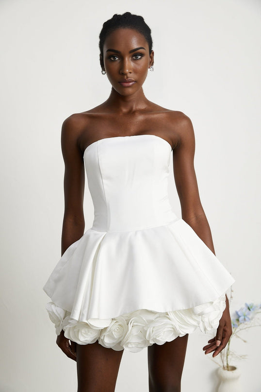 Bettina White Strapless Corset Mini Dress with 3D Petal Detailing