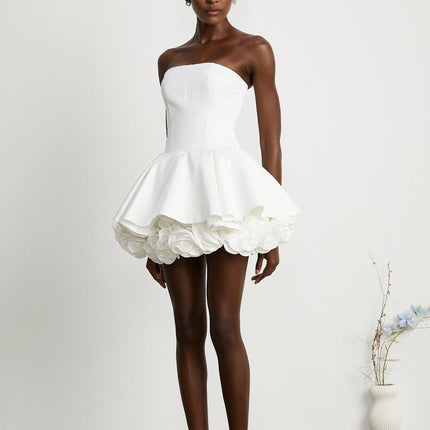 Bettina White Strapless Corset Mini Dress with 3D Petal Detailing