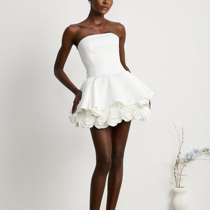 Bettina White Strapless Corset Mini Dress with 3D Petal Detailing