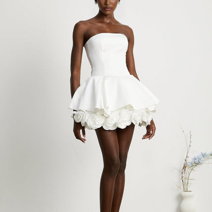Bettina White Strapless Corset Layered Mini Dress with 3D Petal Detailing
