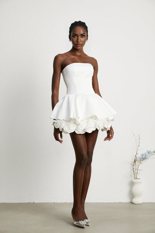 Bettina White Strapless Corset Layered Mini Dress with 3D Petal Detailing