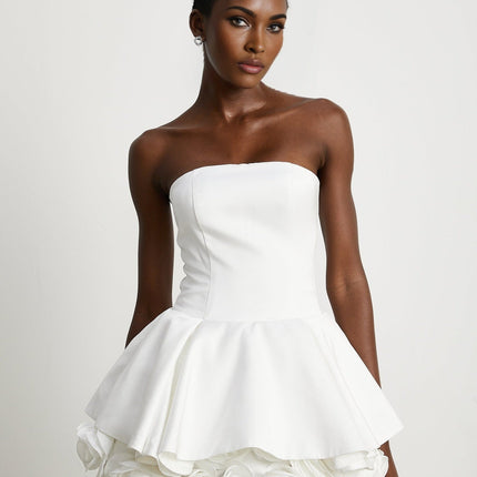 Bettina White Strapless Corset Mini Dress with 3D Petal Detailing