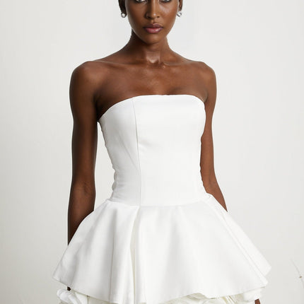 Bettina White Strapless Corset Mini Dress with 3D Petal Detailing