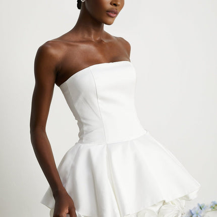 Bettina White Strapless Corset Mini Dress with 3D Petal Detailing