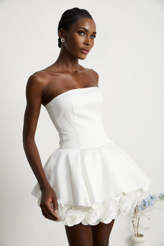 Bettina White Strapless Corset Mini Dress with 3D Petal Detailing