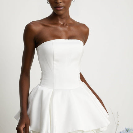 Bettina White Strapless Corset Mini Dress with 3D Petal Detailing