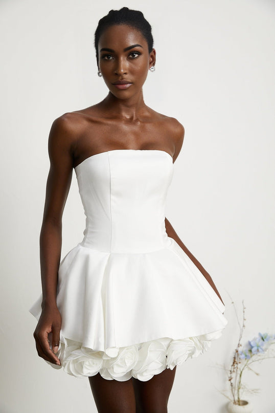 Bettina White Strapless Corset Mini Dress with 3D Petal Detailing