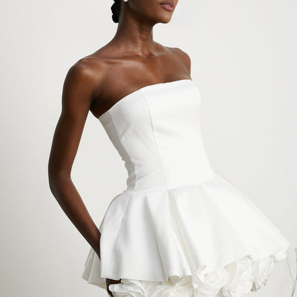 Bettina White Strapless Corset Mini Dress with 3D Petal Detailing