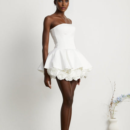 Bettina White Strapless Corset Mini Dress with 3D Petal Detailing