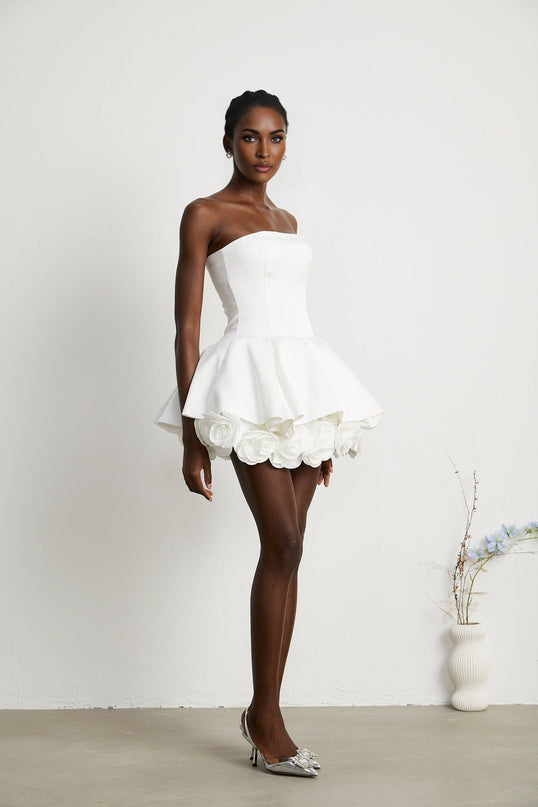 Bettina White Strapless Corset Mini Dress with 3D Petal Detailing