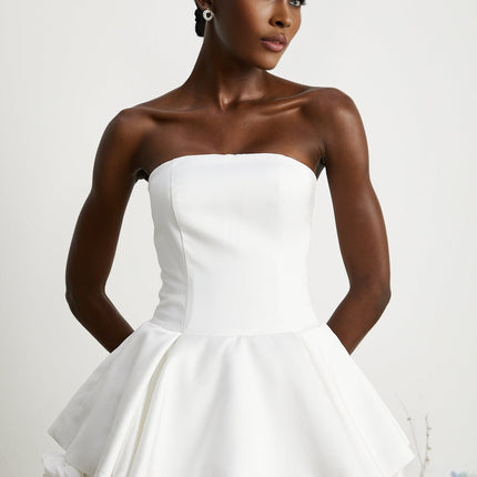 Bettina White Strapless Corset Mini Dress with 3D Petal Detailing