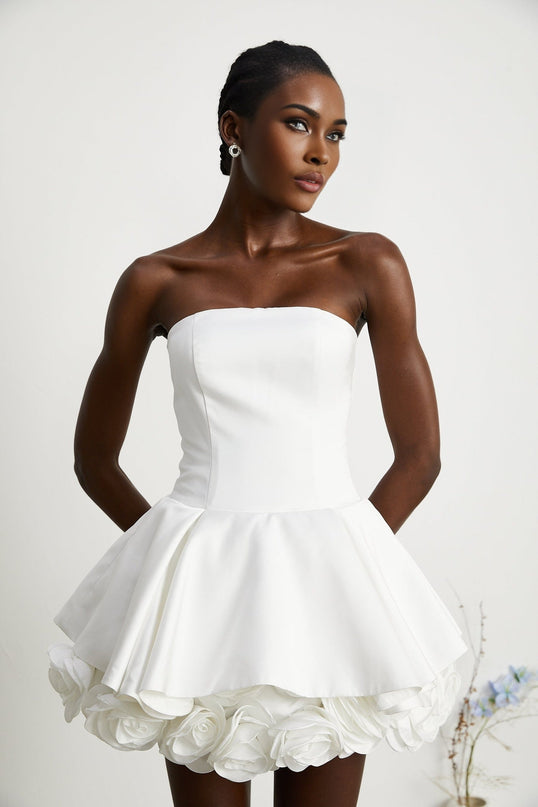 Bettina White Strapless Corset Mini Dress with 3D Petal Detailing