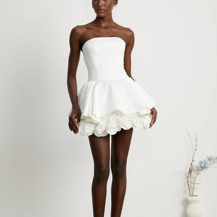Bettina White Strapless Corset Mini Dress with 3D Petal Detailing