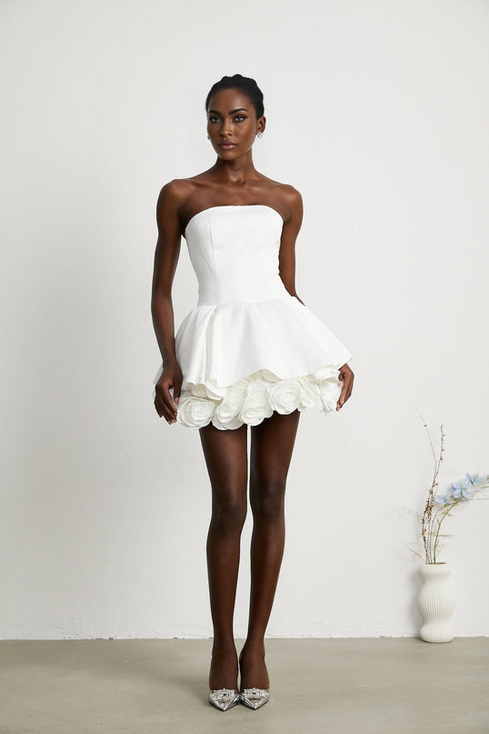 Bettina White Strapless Corset Mini Dress with 3D Petal Detailing