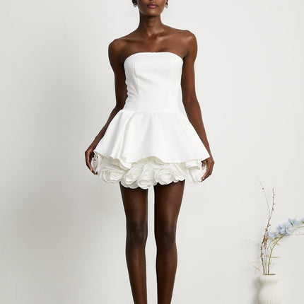 Bettina White Strapless Corset Mini Dress with 3D Petal Detailing