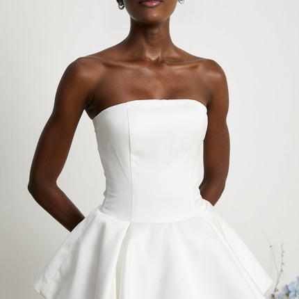Bettina White Strapless Corset Mini Dress with 3D Petal Detailing