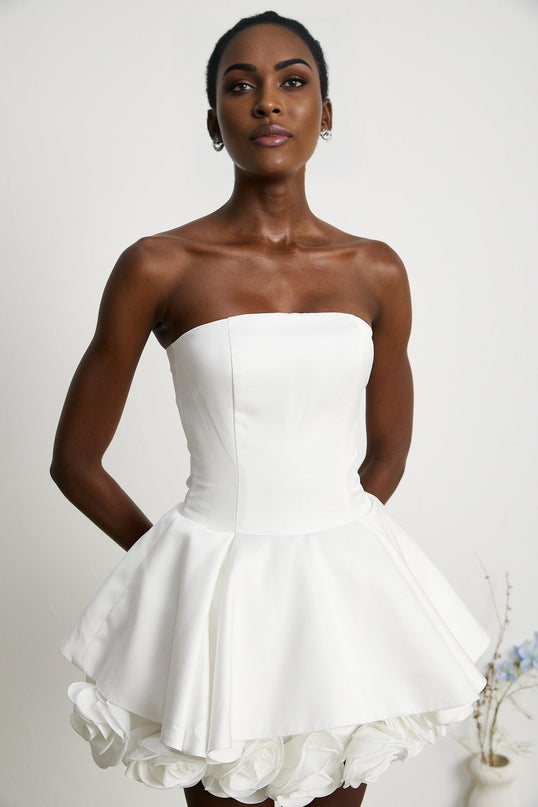 Bettina White Strapless Corset Mini Dress with 3D Petal Detailing
