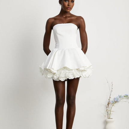 Bettina White Strapless Corset Mini Dress with 3D Petal Detailing