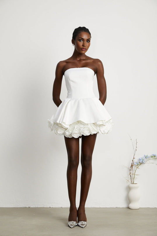 Bettina White Strapless Corset Mini Dress with 3D Petal Detailing