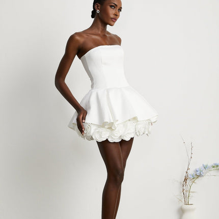 Bettina White Strapless Corset Mini Dress with 3D Petal Detailing